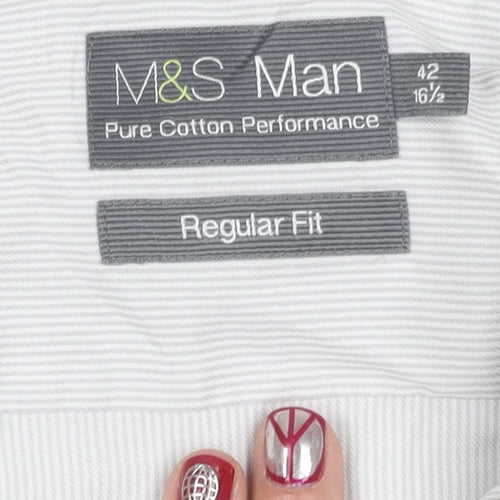 Marks and Spencer Men's White Striped Regular Fit 16.5in Shirt