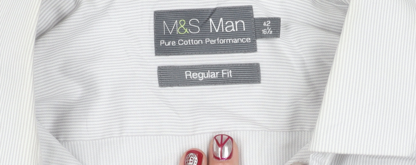 Marks and Spencer Men's White Striped Regular Fit 16.5in Shirt