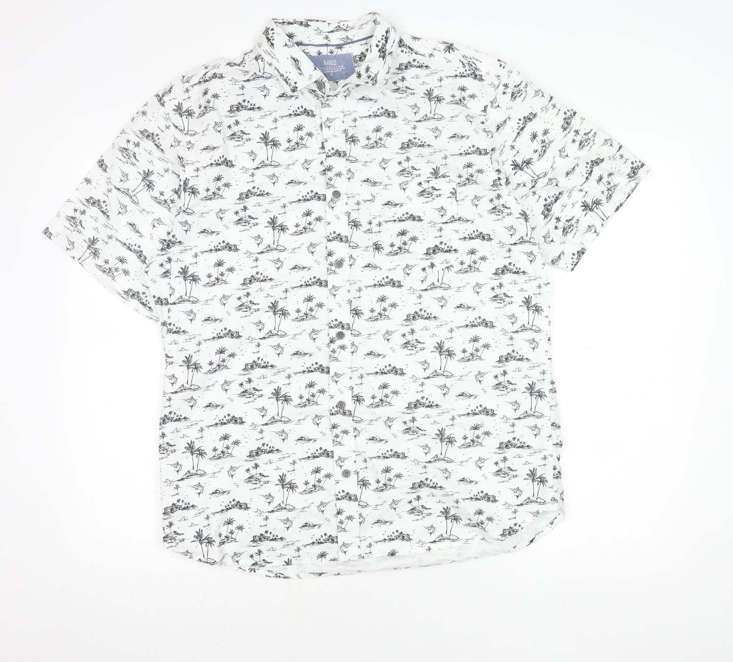 Marks and Spencer Men's White Tropical Print Cotton Oxford Shirt M
