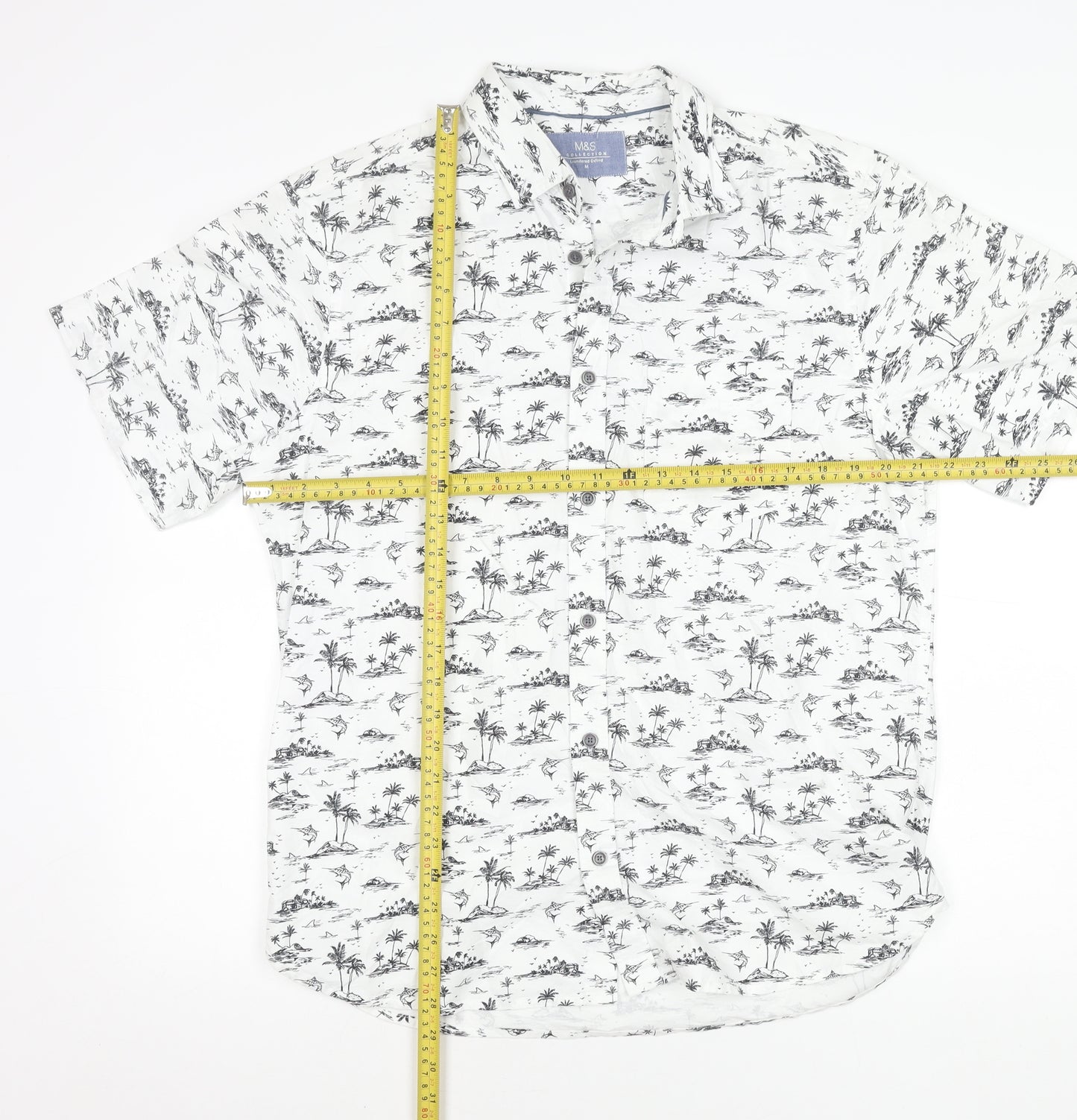 Marks and Spencer Men's White Tropical Print Cotton Oxford Shirt M