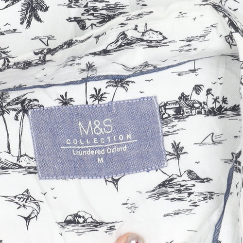 Marks and Spencer Men's White Tropical Print Cotton Oxford Shirt M