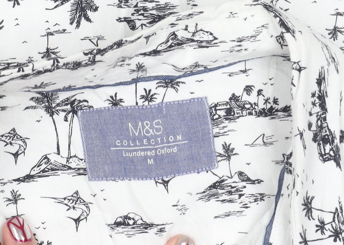 Marks and Spencer Men's White Tropical Print Cotton Oxford Shirt M
