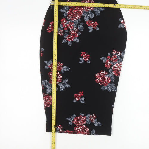Boohoo Womens Black Floral High Rise Pencil Skirt Size 8