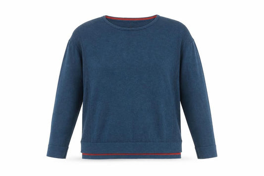 Front view of Wheatmuff Women's Blue Cotton Modal Crew Neck Jumper, size 14