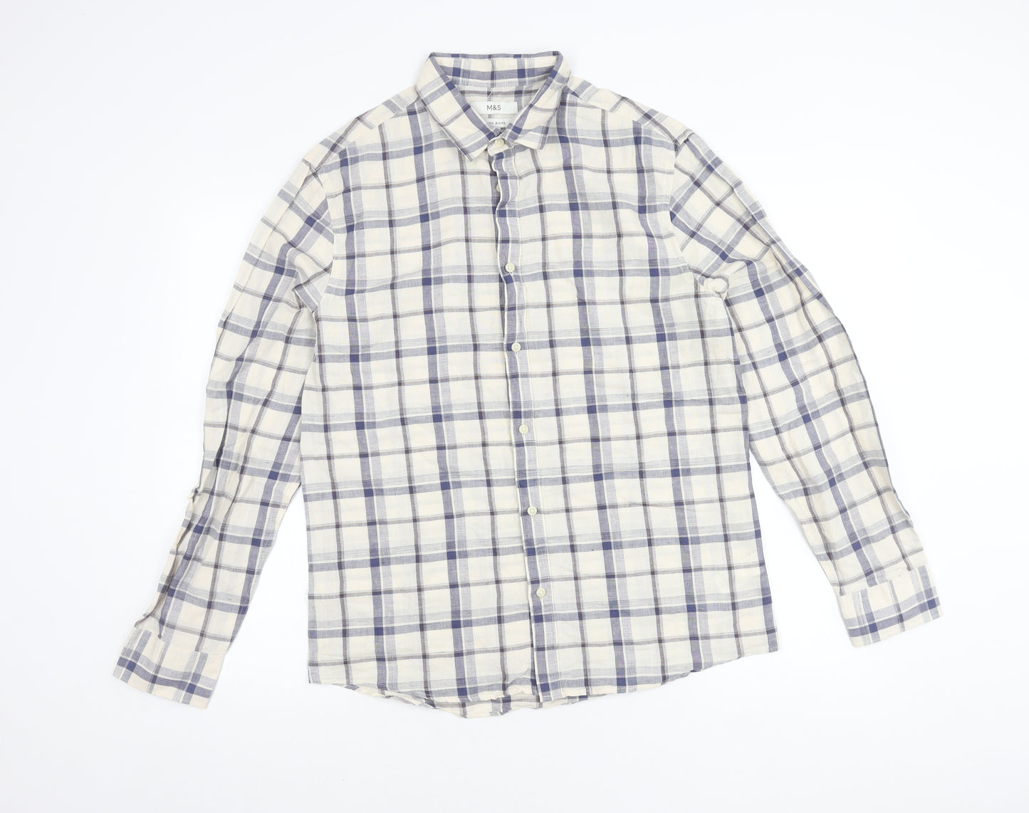 Marks and Spencer Men's Multicoloured Check Linen Blend Shirt M