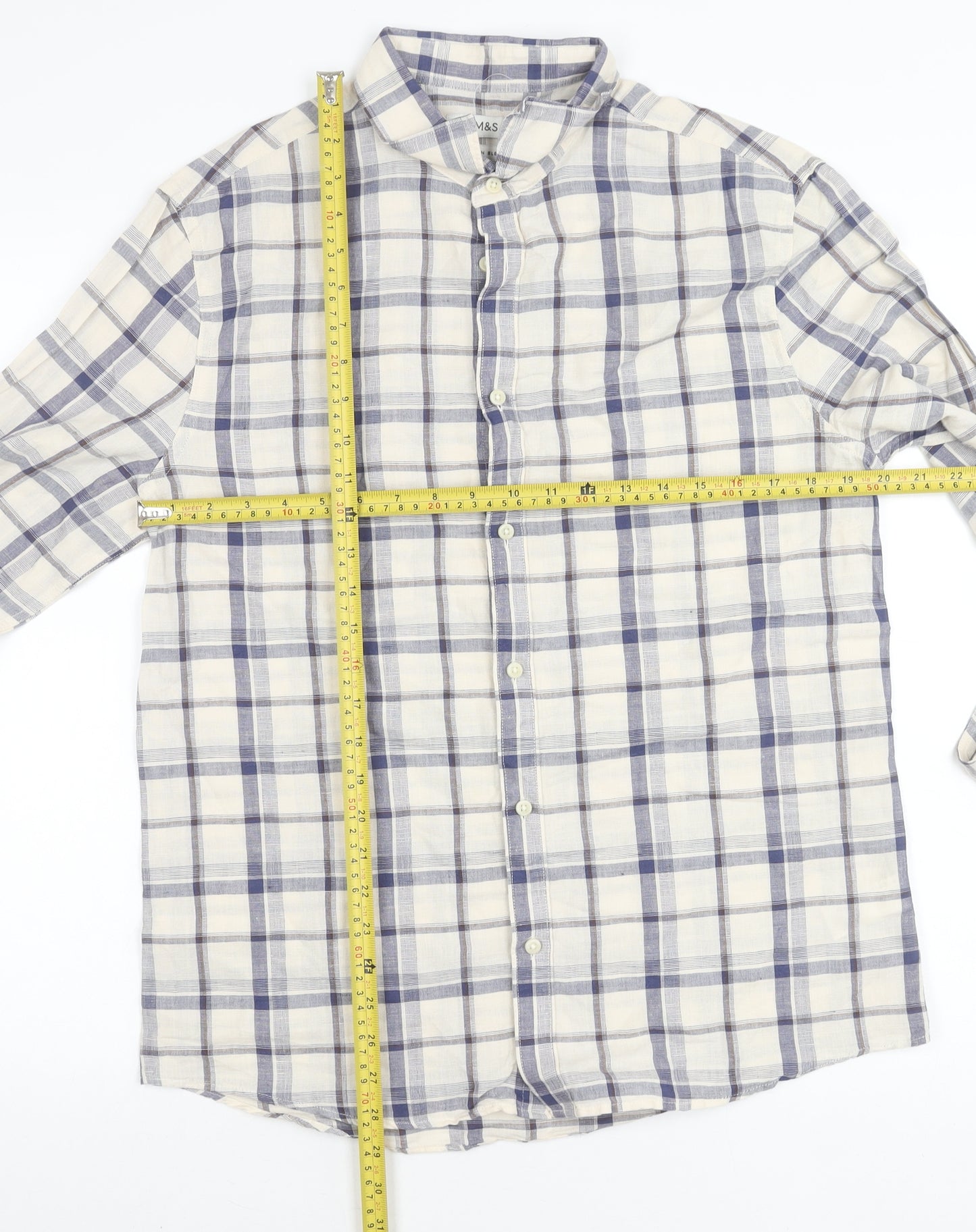 Marks and Spencer Men's Multicoloured Check Linen Blend Shirt M