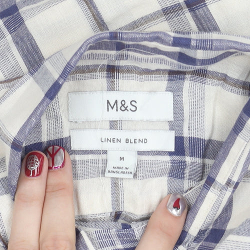 Marks and Spencer Men's Multicoloured Check Linen Blend Shirt M