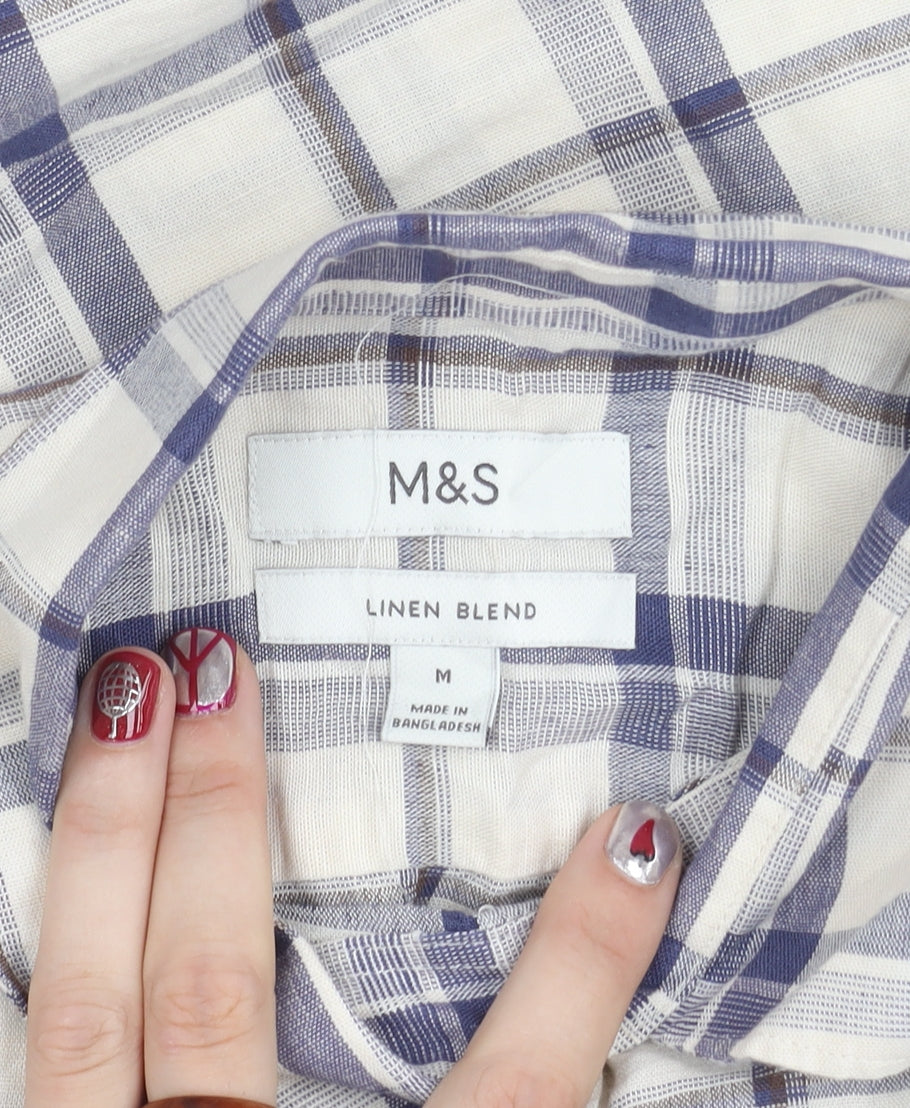 Marks and Spencer Men's Multicoloured Check Linen Blend Shirt M