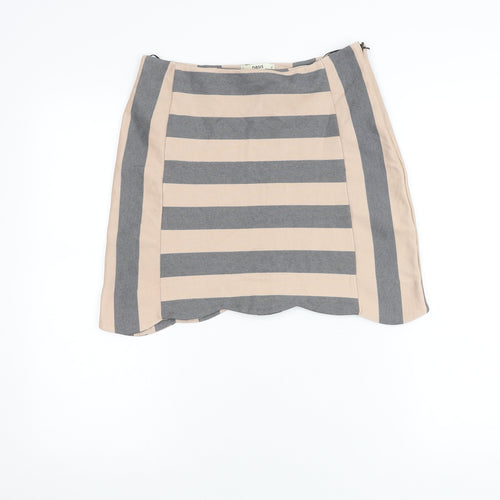 Oasis Women Beige Grey Striped Short Pencil Skirt M Linen Blend