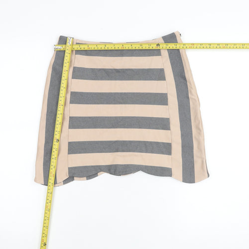 Oasis Women Beige Grey Striped Short Pencil Skirt M Linen Blend
