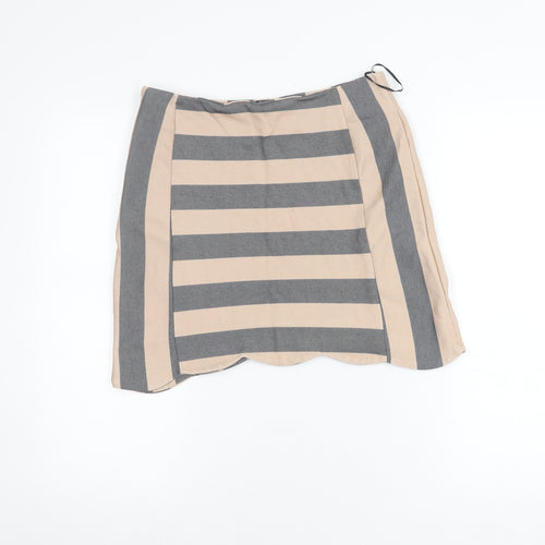 Oasis Women Beige Grey Striped Short Pencil Skirt M Linen Blend