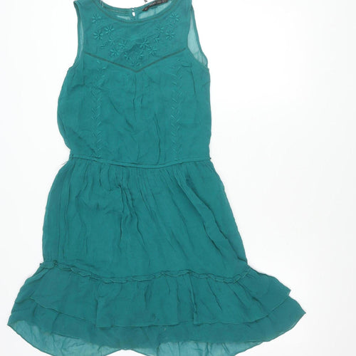Zara Trafaluc Women’s Green 8 Hi-Low Sleeveless Embroidered Dress