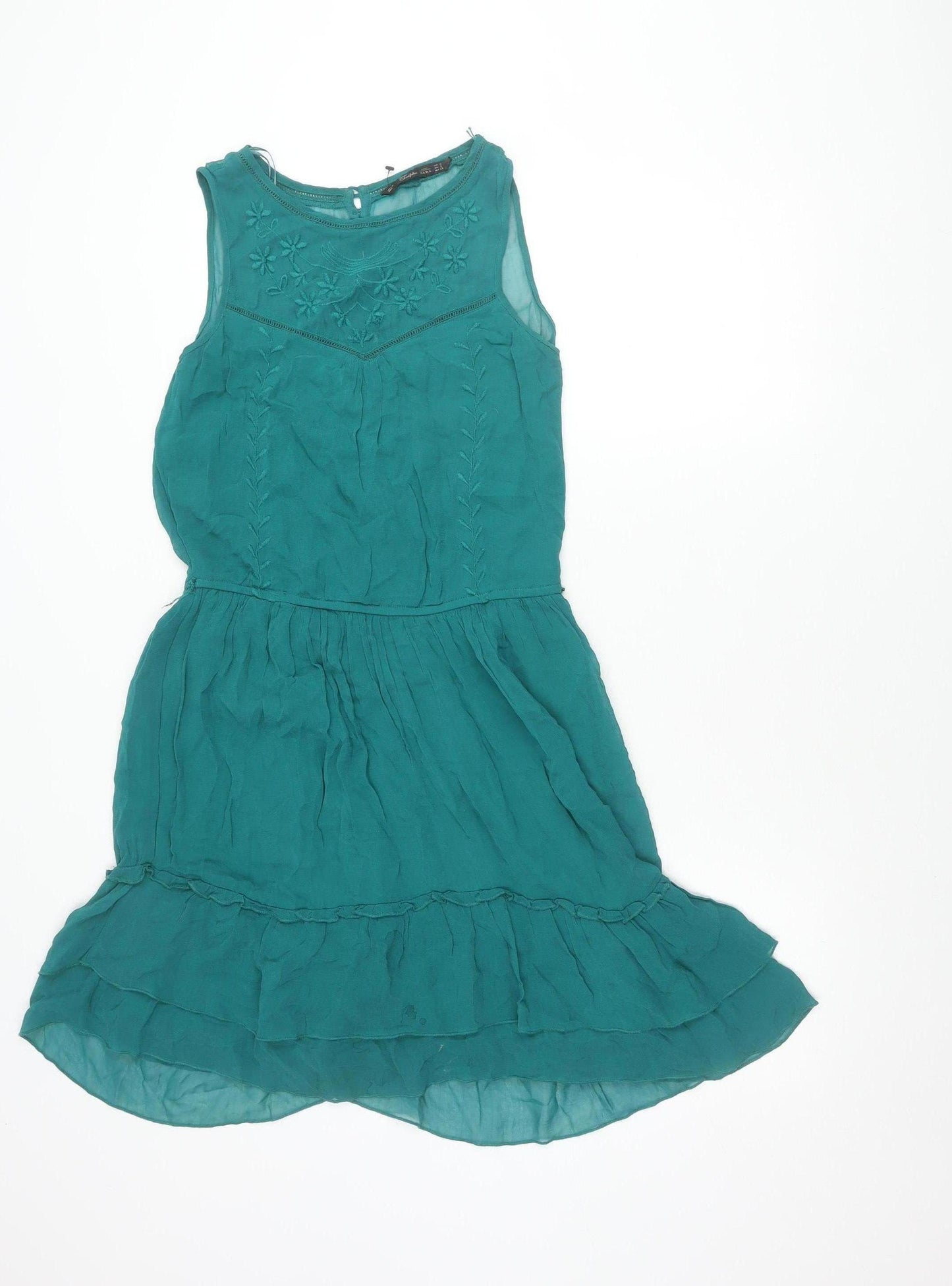 Zara Trafaluc Women’s Green 8 Hi-Low Sleeveless Embroidered Dress