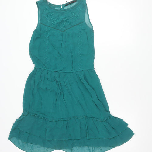 Zara Trafaluc Women’s Green 8 Hi-Low Sleeveless Embroidered Dress