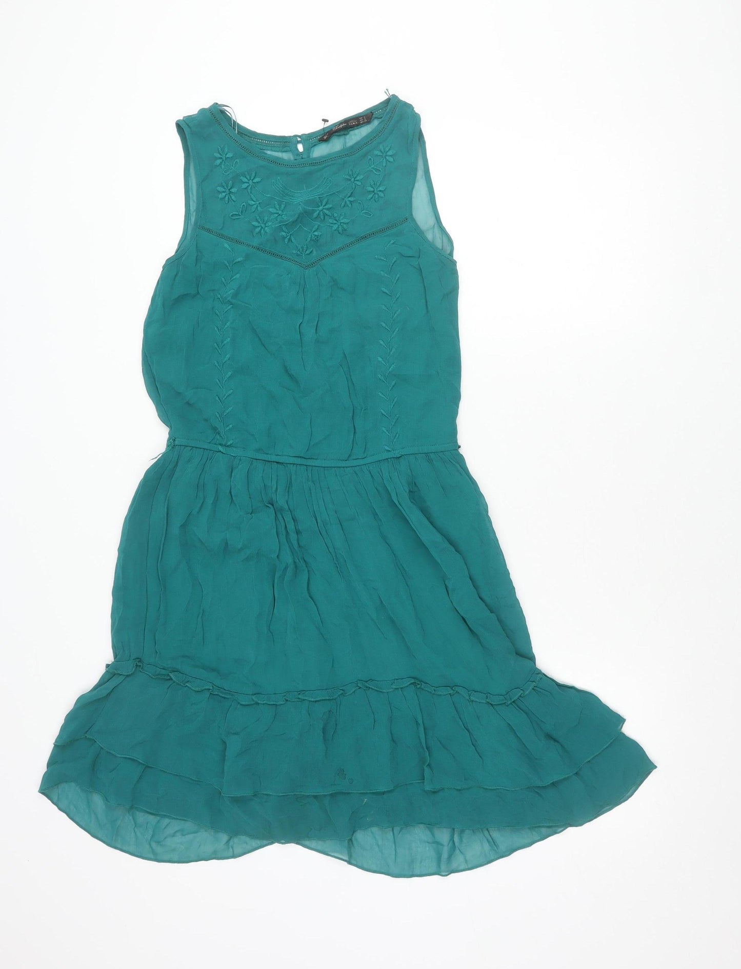 Zara Trafaluc Women’s Green 8 Hi-Low Sleeveless Embroidered Dress