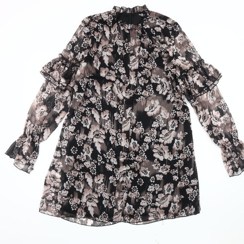 Nasty Gal Women’s Black Floral Shift Dress Size 8 High Neck Long Sleeve