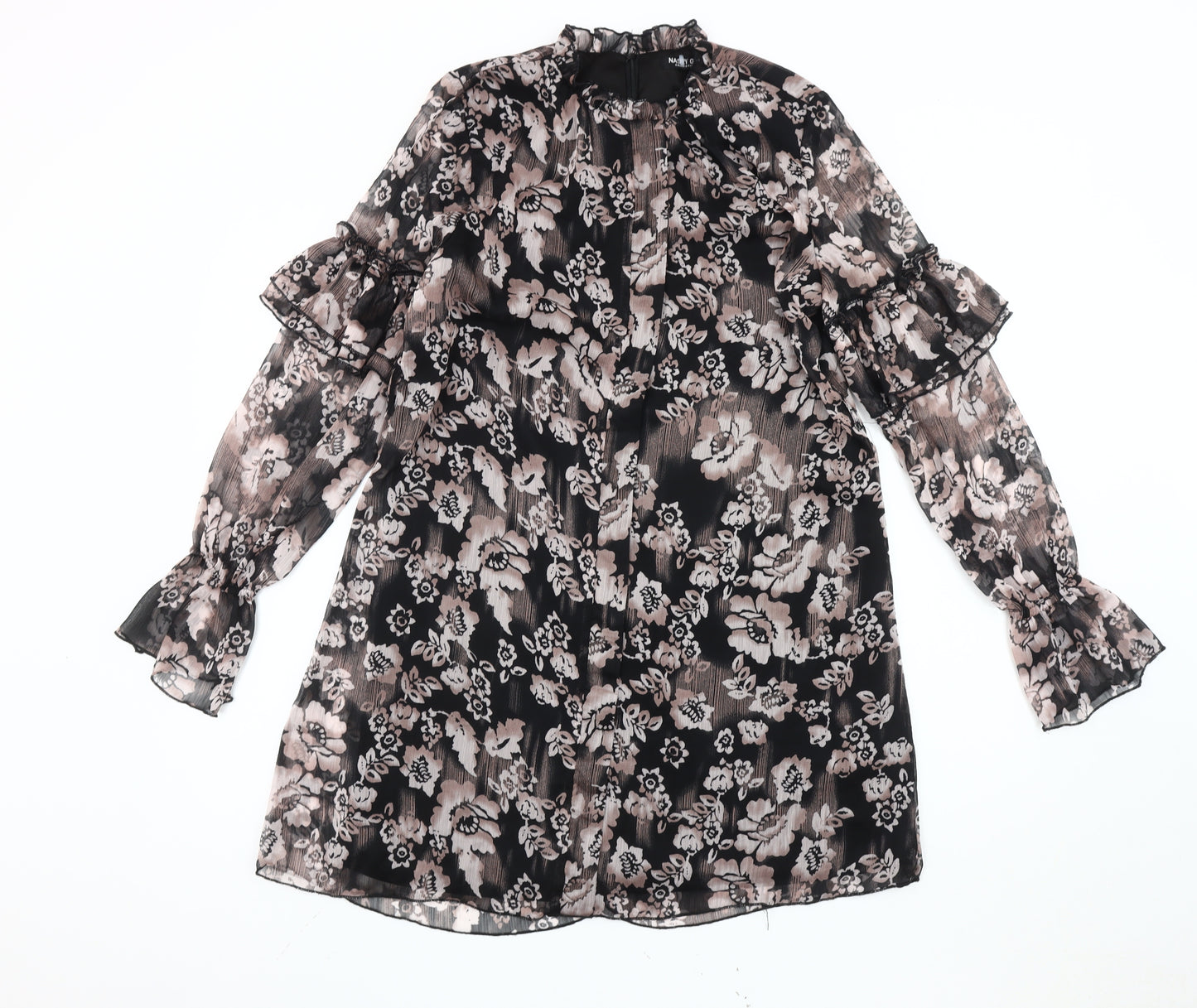 Nasty Gal Women’s Black Floral Shift Dress Size 8 High Neck Long Sleeve