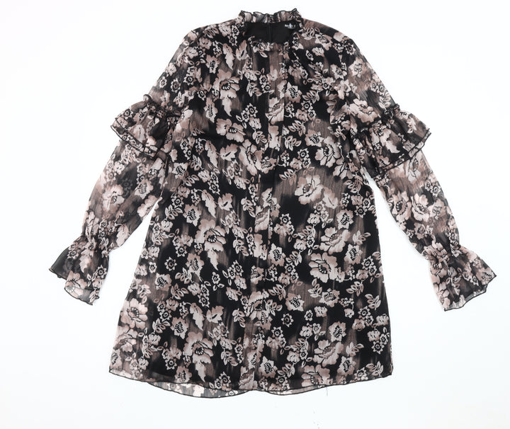 Nasty Gal Women’s Black Floral Shift Dress Size 8 High Neck Long Sleeve