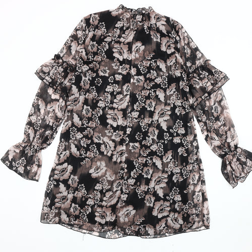 Nasty Gal Women’s Black Floral Shift Dress Size 8 High Neck Long Sleeve