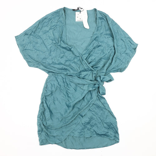 Zara Women’s Green Short Wrap Dress Kimono Sleeve V-Neck M