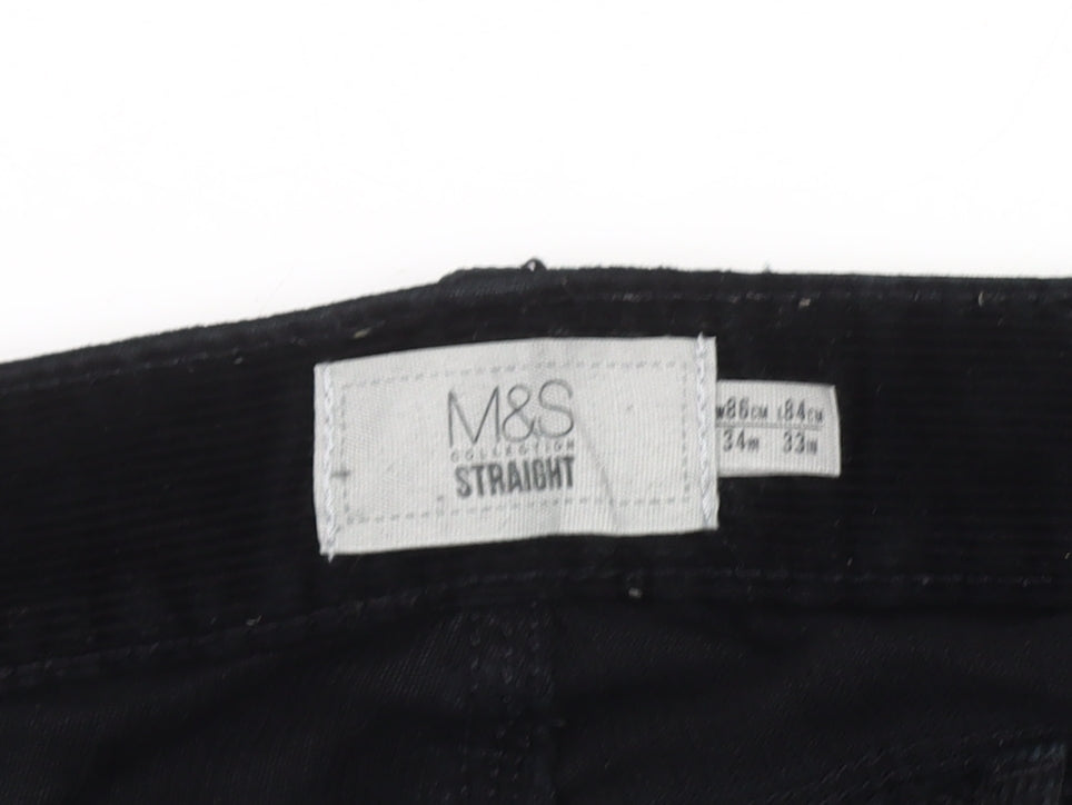 Marks and Spencer Men's Black Corduroy Straight Leg Trousers 34W 33L