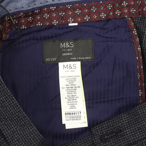 Marks and Spencer Men's Blue Check Slim Fit Dress Trousers 40x33