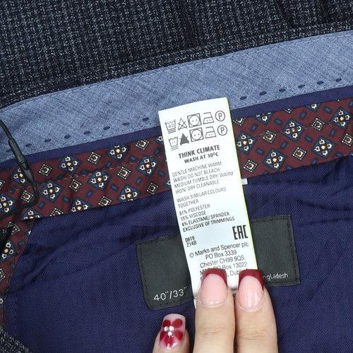 Marks and Spencer Men's Blue Check Slim Fit Dress Trousers 40x33