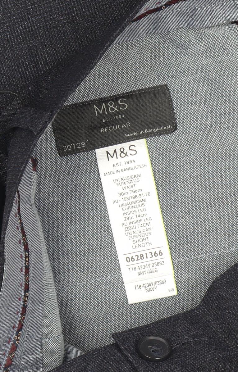 Marks and Spencer Men's Navy Check Regular Fit Dress Pants 30x29