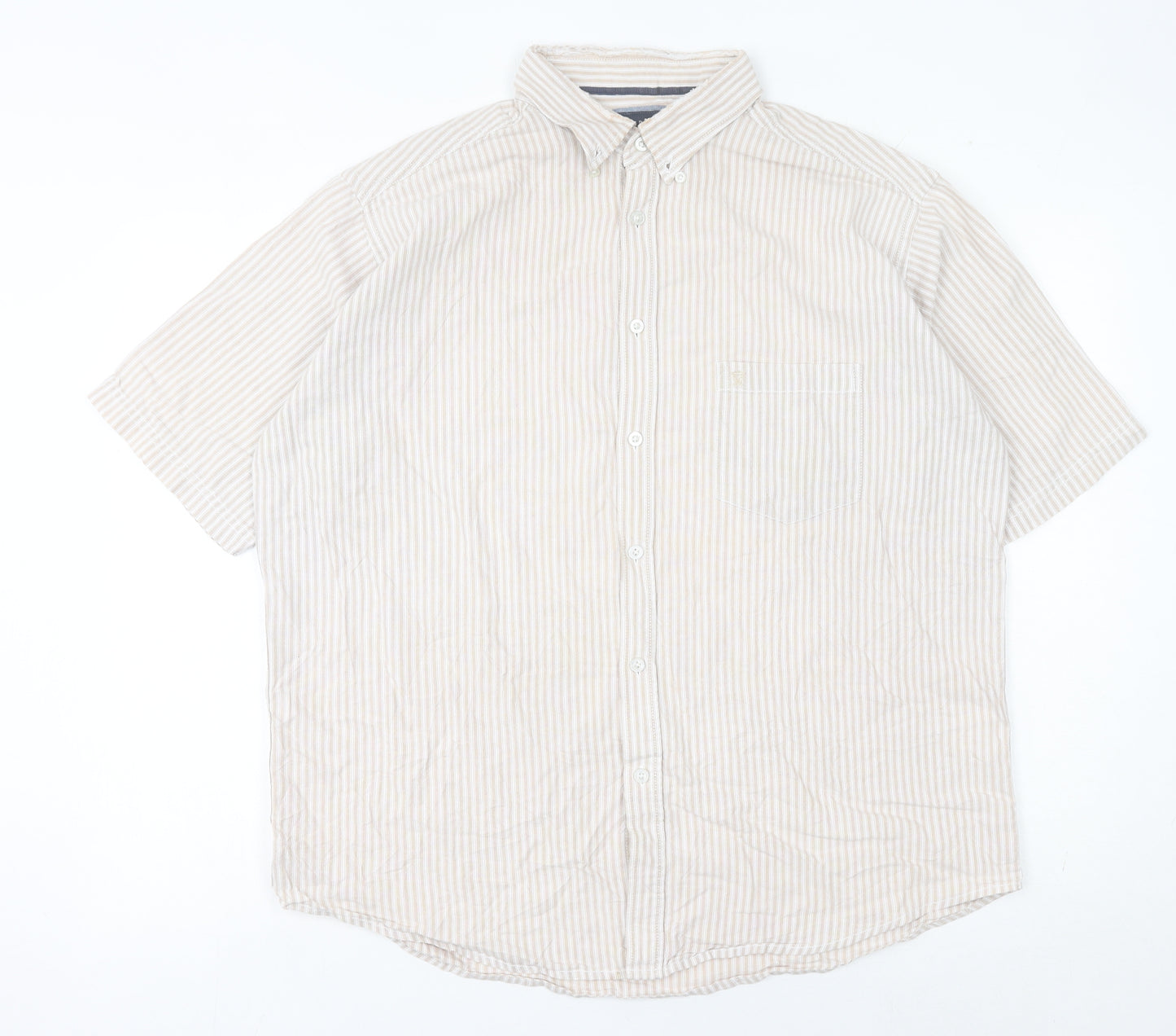 James Pringle Men's Beige Striped Cotton Short Sleeve Button-Up Shirt XL