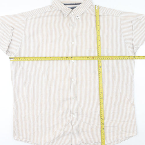 James Pringle Men's Beige Striped Cotton Short Sleeve Button-Up Shirt XL