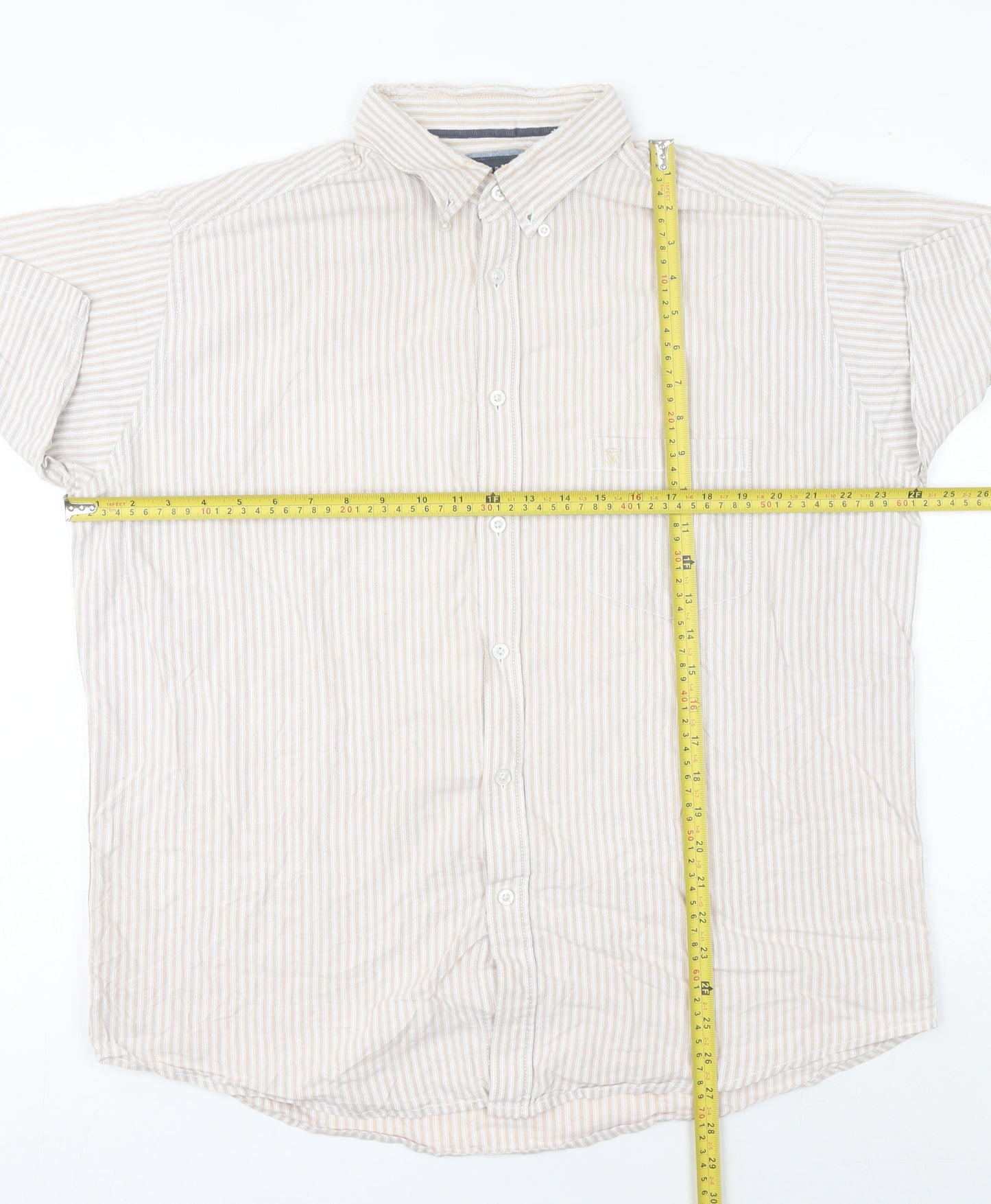 James Pringle Men's Beige Striped Cotton Short Sleeve Button-Up Shirt XL