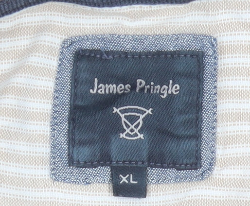 James Pringle Men's Beige Striped Cotton Short Sleeve Button-Up Shirt XL