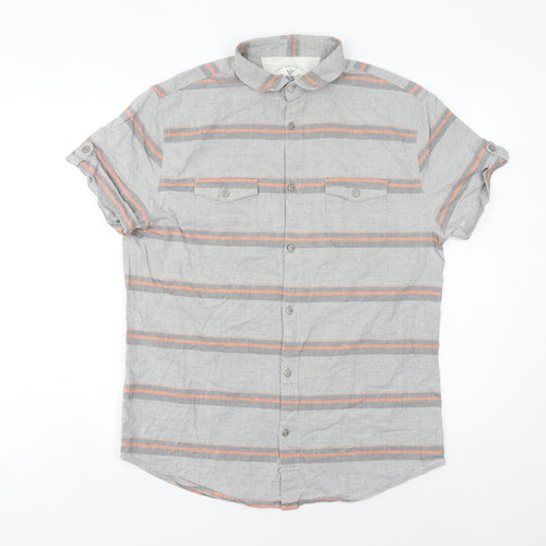 Linea Men's Grey Striped Cotton Short Sleeve Button-Up Shirt M
