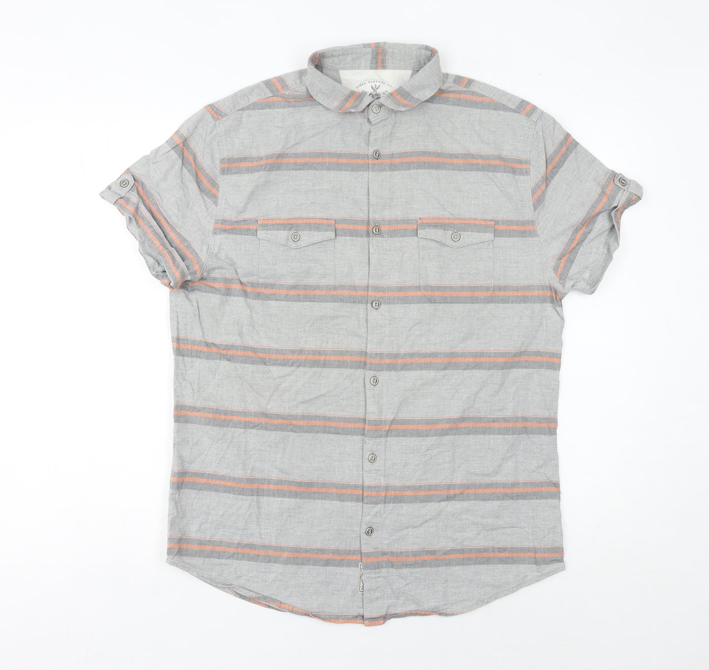 Linea Men's Grey Striped Cotton Short Sleeve Button-Up Shirt M