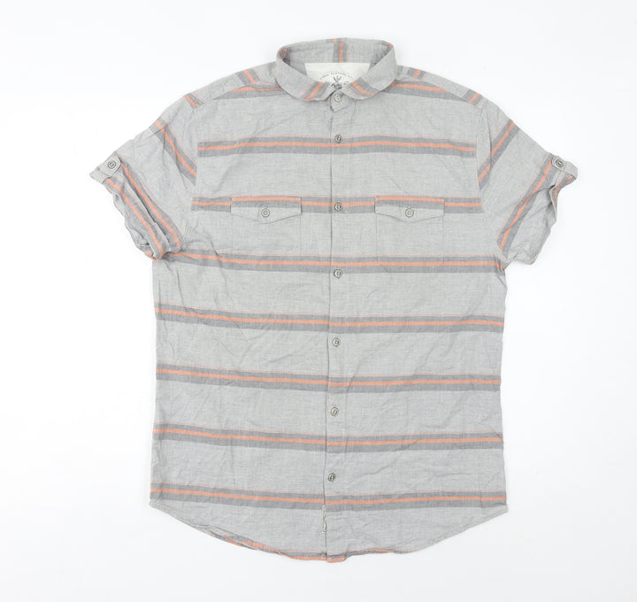 Linea Men's Grey Striped Cotton Short Sleeve Button-Up Shirt M