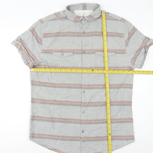 Linea Men's Grey Striped Cotton Short Sleeve Button-Up Shirt M