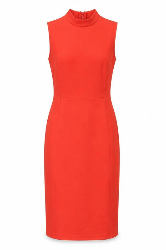 Front view of Topshop Women’s Red, size UK 8, Midi Sheath Dress Sleeveless High Neck