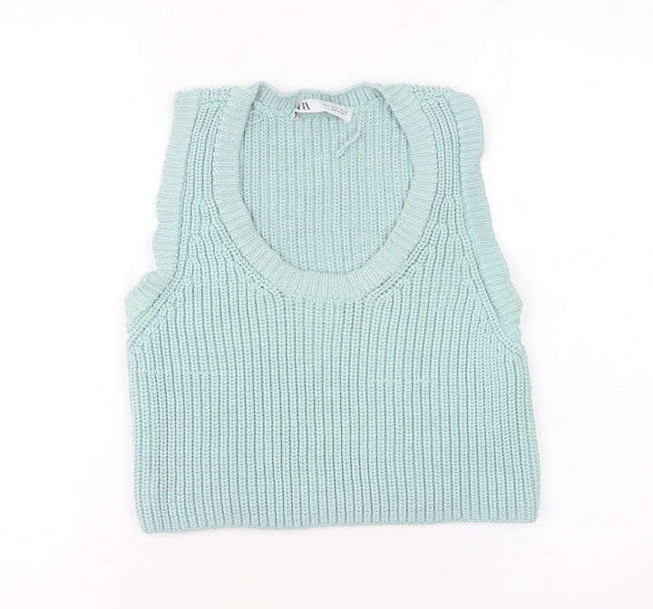 Zara Women’s Green Chunky-Knit Sleeveless Vest Size S Cotton