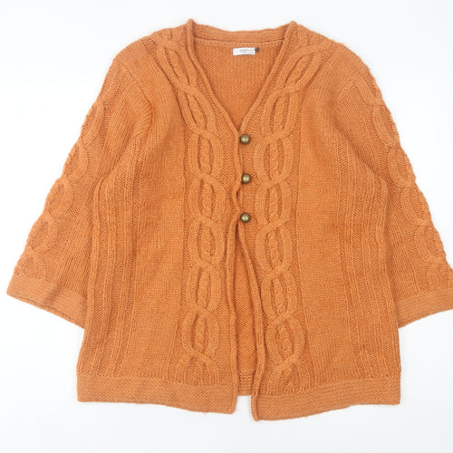 Cotton Traders Women's Orange 10 Cardigan Cable Knit V-Neck 3/4 Sleeve