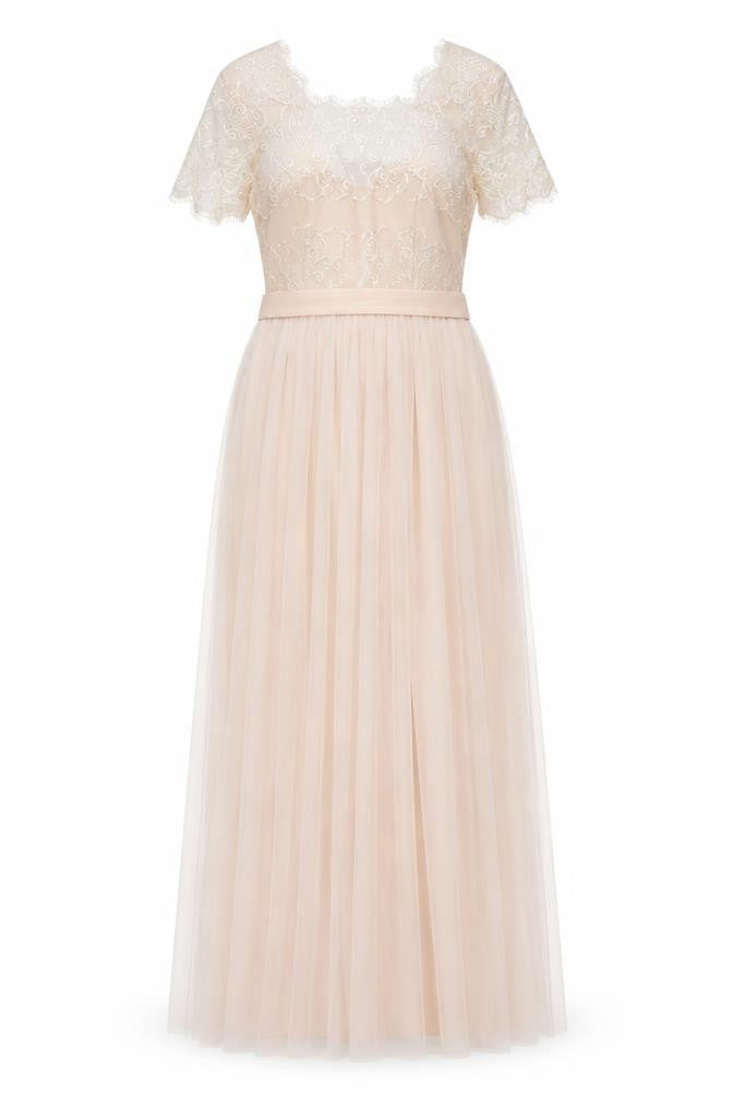 Little Mistress Women Beige Size 10 Maxi Lace Wedding Guest Dress