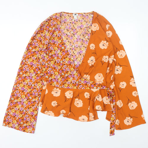 River Island Women Orange Floral Wrap Blouse Size 16 Long Sleeve