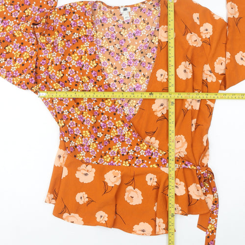 River Island Women Orange Floral Wrap Blouse Size 16 Long Sleeve