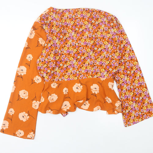 River Island Women Orange Floral Wrap Blouse Size 16 Long Sleeve