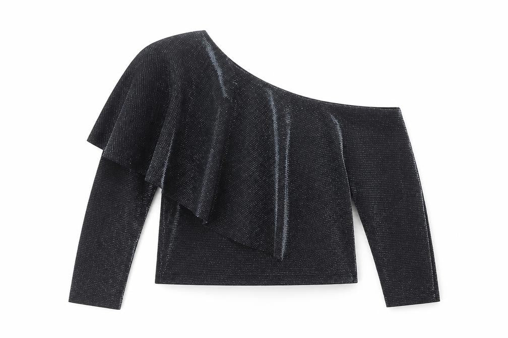 Zara Women Black One Shoulder Cropped Blouse Size S Party Top