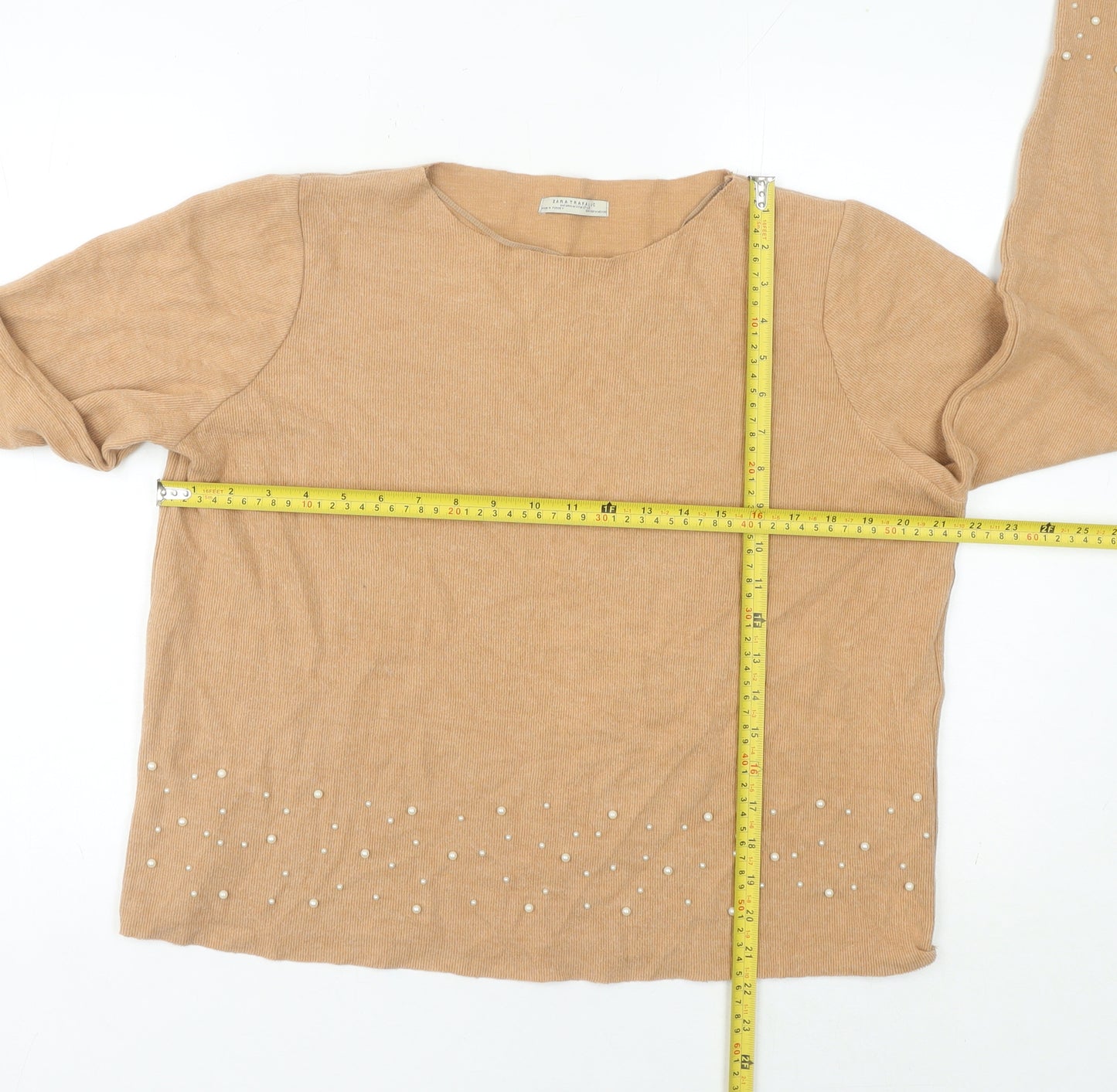 Zara Trafaluc Women’s Beige Beaded Pullover Jumper Size 12