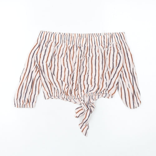 Pull&Bear Women’s Multicoloured Striped Cropped Off Shoulder Blouse UK 10