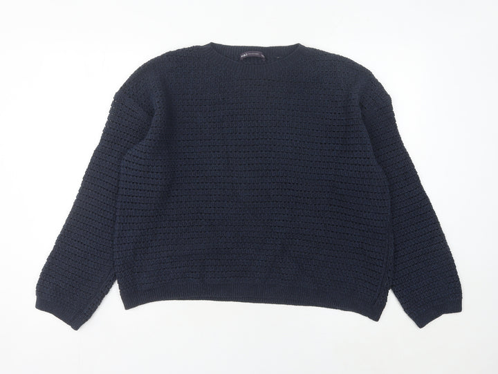Marks and Spencer Women's Blue L Waffle-Knit Cotton Blend Jumper