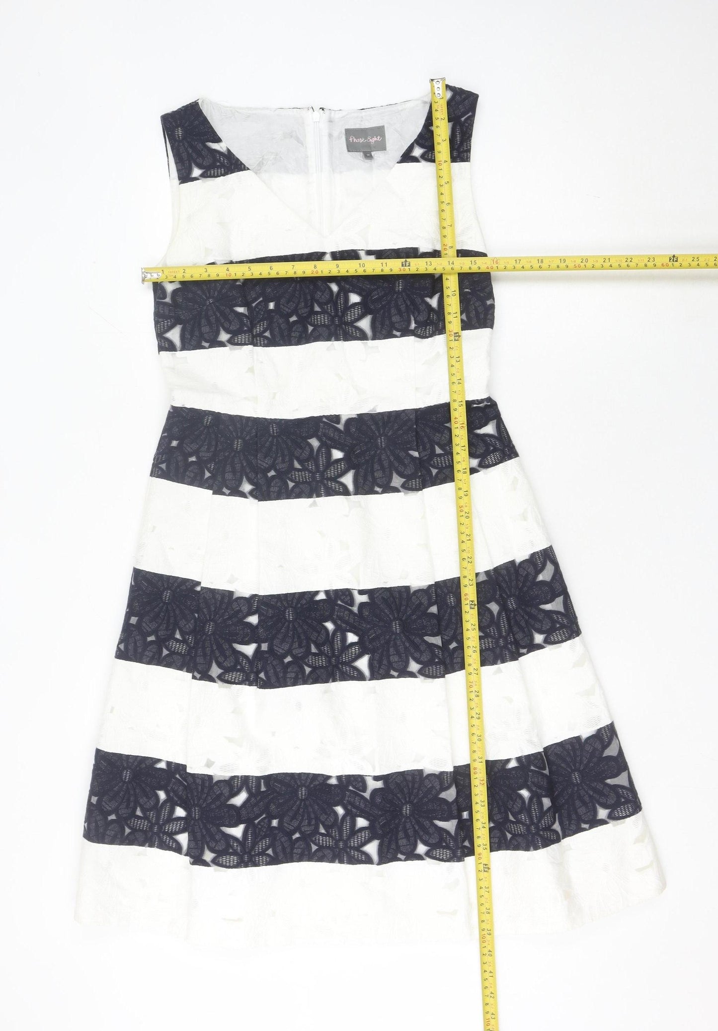 Phase Eight Women’s Black White Striped Floral Lace Fit & Flare Dress Size 12