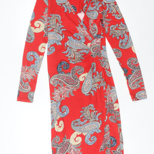 Joe Browns Women’s Red Paisley Bodycon Dress Size 8 V-Neck Boho Knee Length
