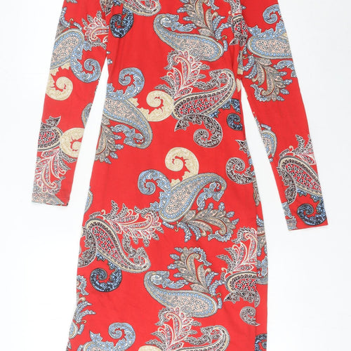 Joe Browns Women’s Red Paisley Bodycon Dress Size 8 V-Neck Boho Knee Length